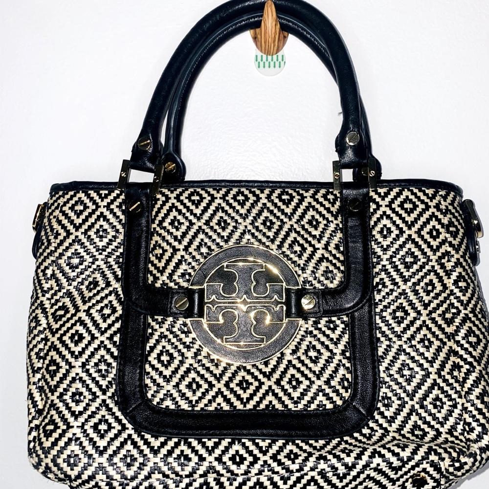Tory Burch black and white straw raffia purse bag